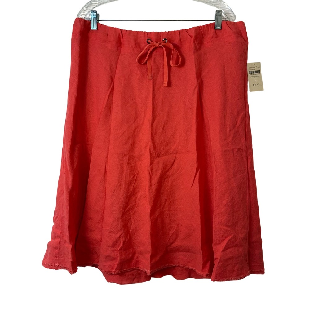 Coldwater Creek Linen Cloudwash Skirt XL 16 Coral Red A-Line Elastic Waist NWT